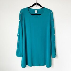 Chico's Teal Green Pima Cotton Tunic Top Button Detail Womens Large
